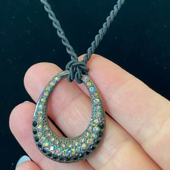 Lia Sophia Retired Black Cord Necklace w/ Sparkly Crystal Teardrop Oval Pendant - Picture 3 of 16